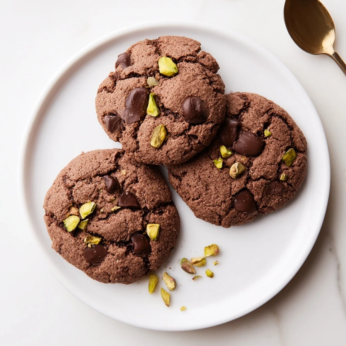 Plate of warm Gluten-Free Espresso Chocolate Pistachio Cookies with melting chocolate chips.
