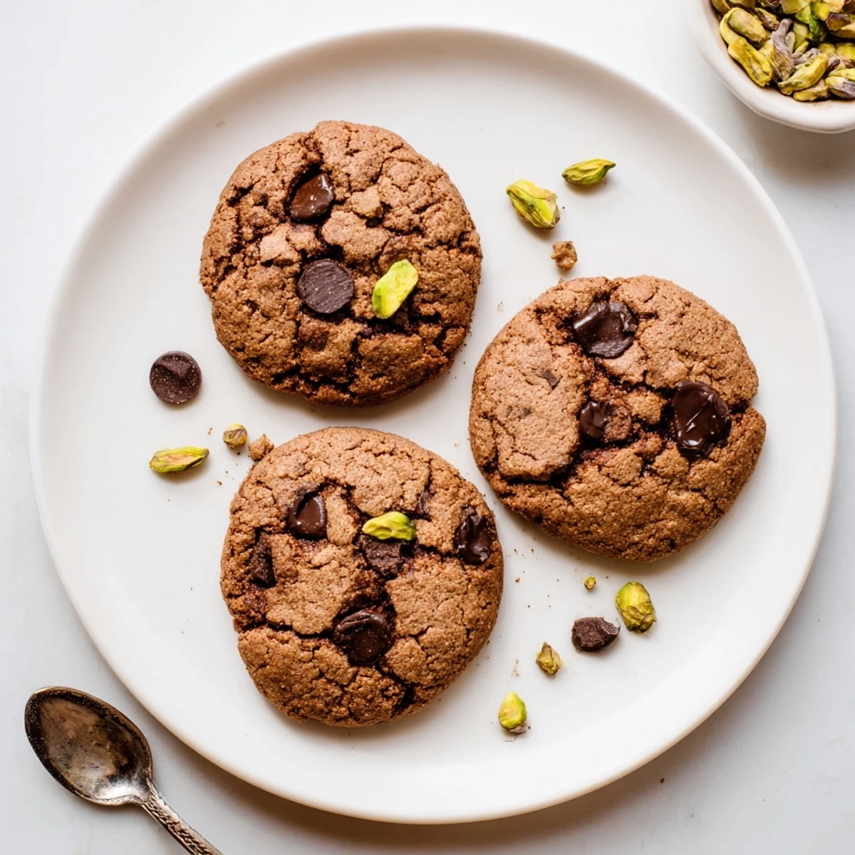 Fresh-baked Gluten-Free Espresso Chocolate Pistachio Cookies, fragrant coffee aroma, crunchy pistachio bites.