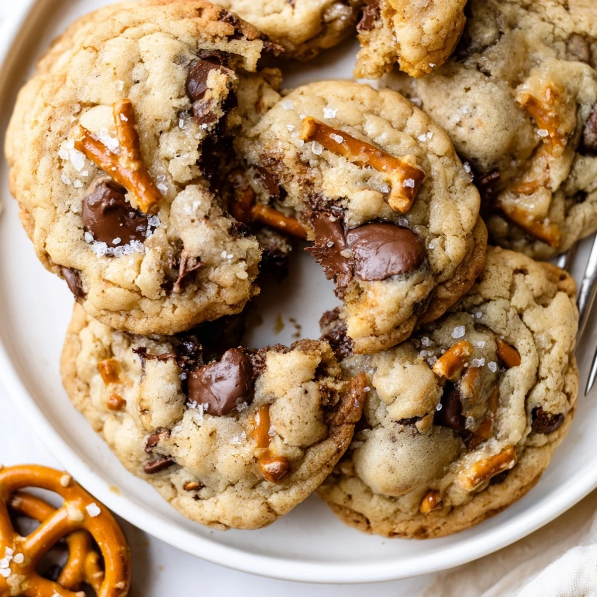 Brown Butter Salted Honey Pretzel Chocolate Chip Cookies warm from oven, gooey centers
