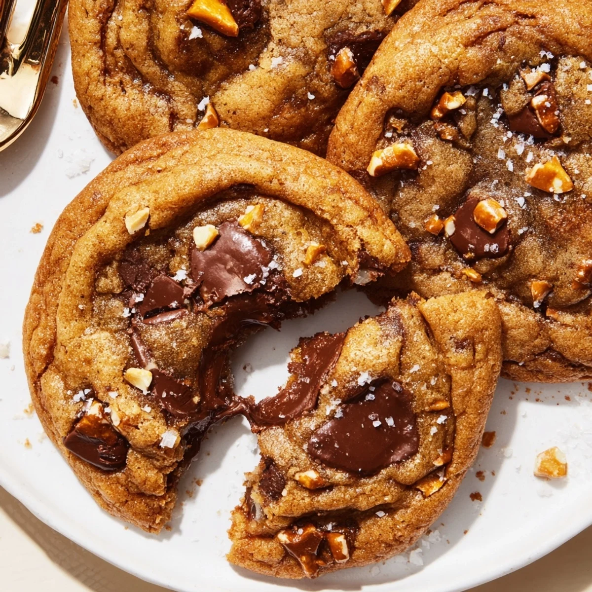 Brown Butter Salted Honey Pretzel Chocolate Chip Cookies paired with cold milk for dunking