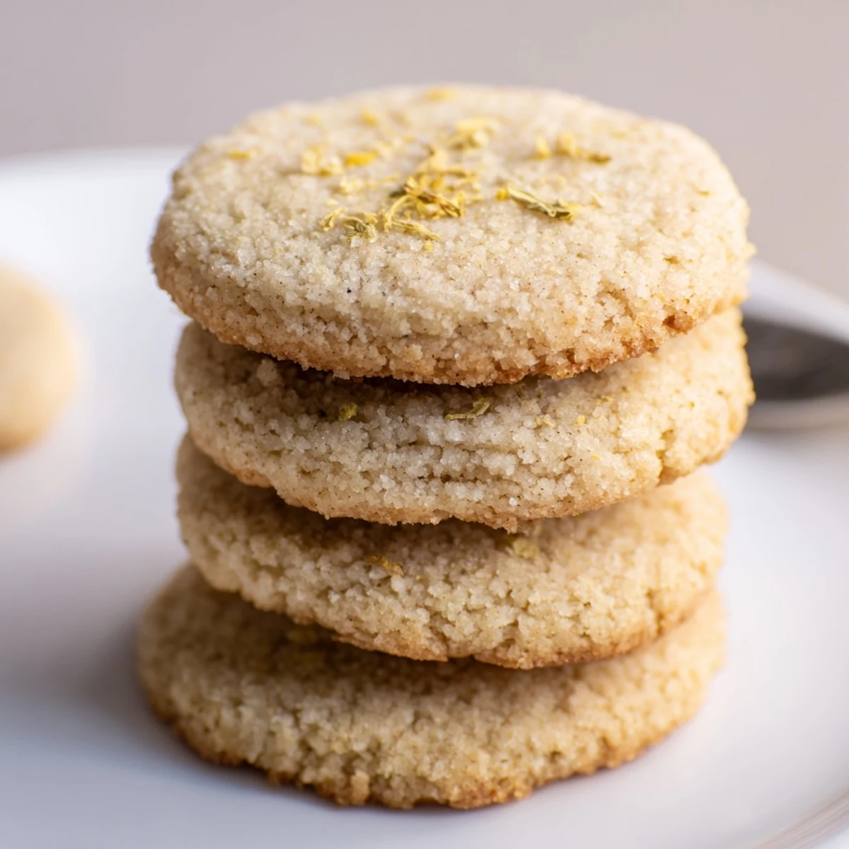 Warm Vegan Vanilla Jasmine Sugar Cookies stacked beside steaming jasmine green tea.