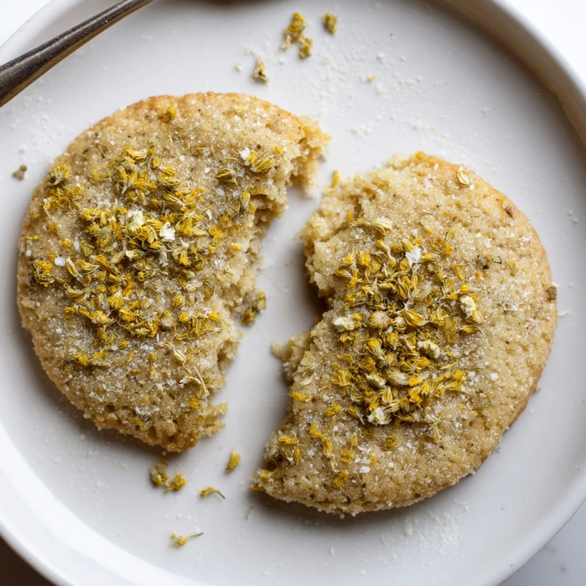 Sparkling sugar dusting and gentle floral aroma on Vegan Vanilla Chamomile Sugar Cookies.