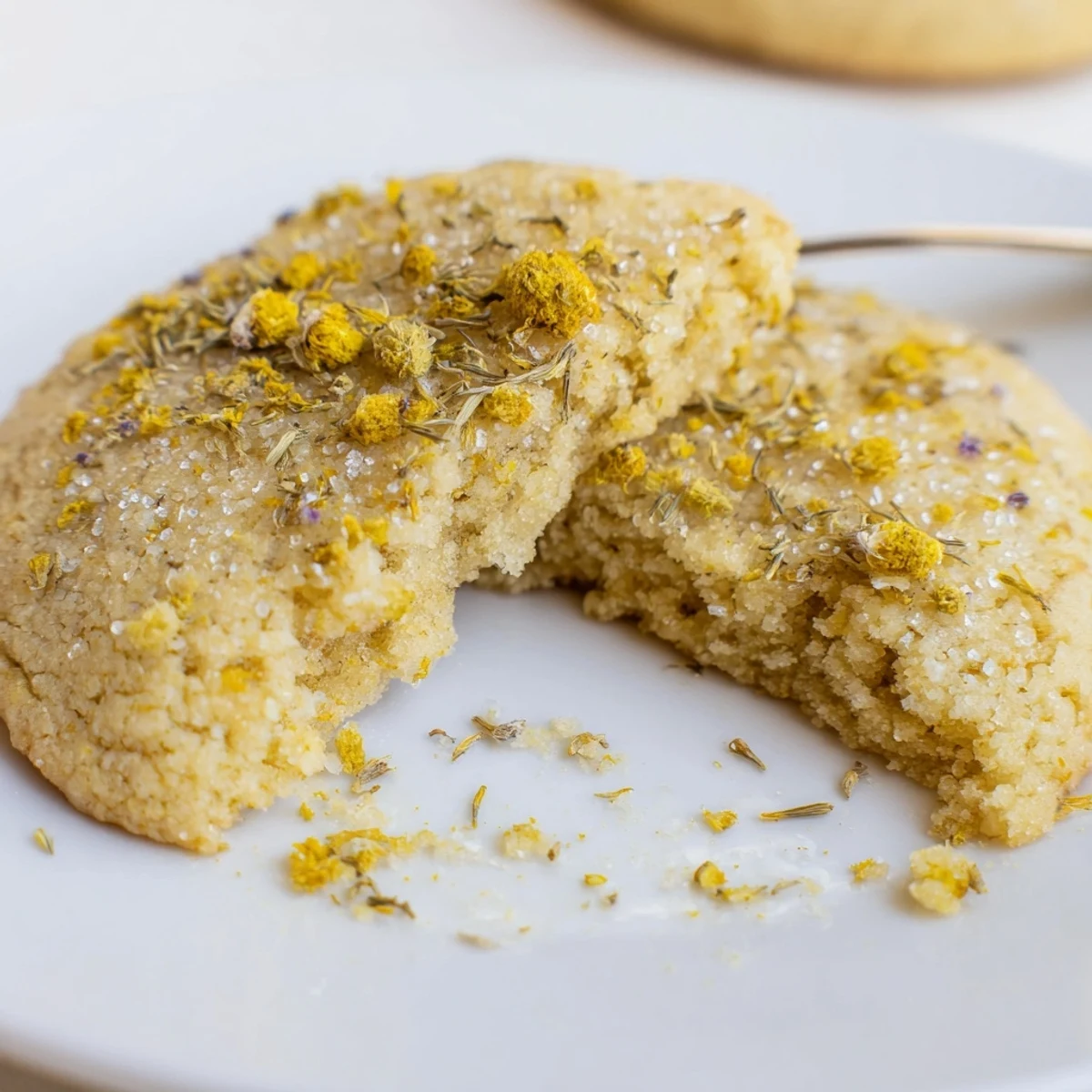 Stacked beside a steaming teacup, tender crumb of Vegan Vanilla Chamomile Sugar Cookies.