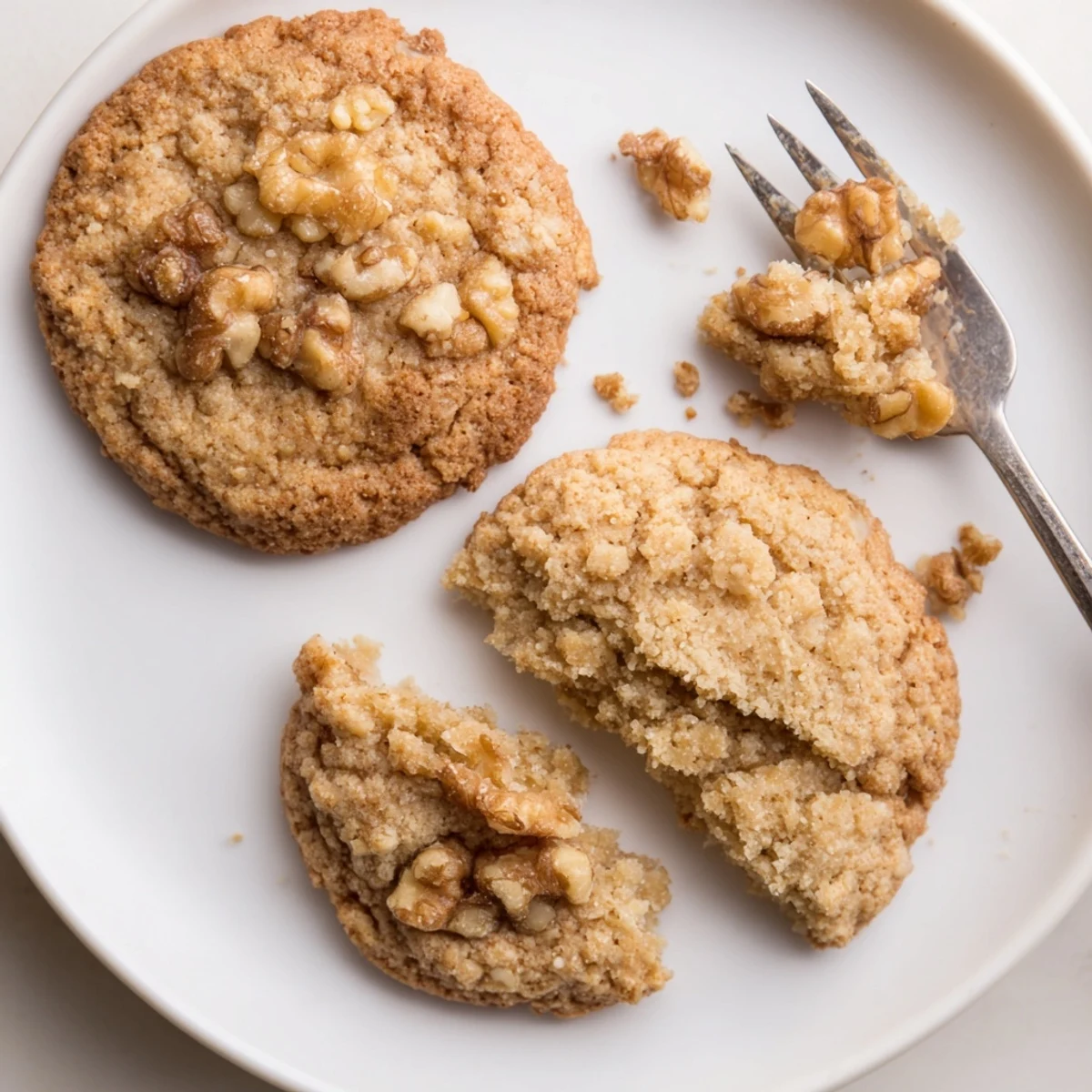 Keto Maple Walnut Crunch Cookies stacked on parchment, golden edges, nutty aroma