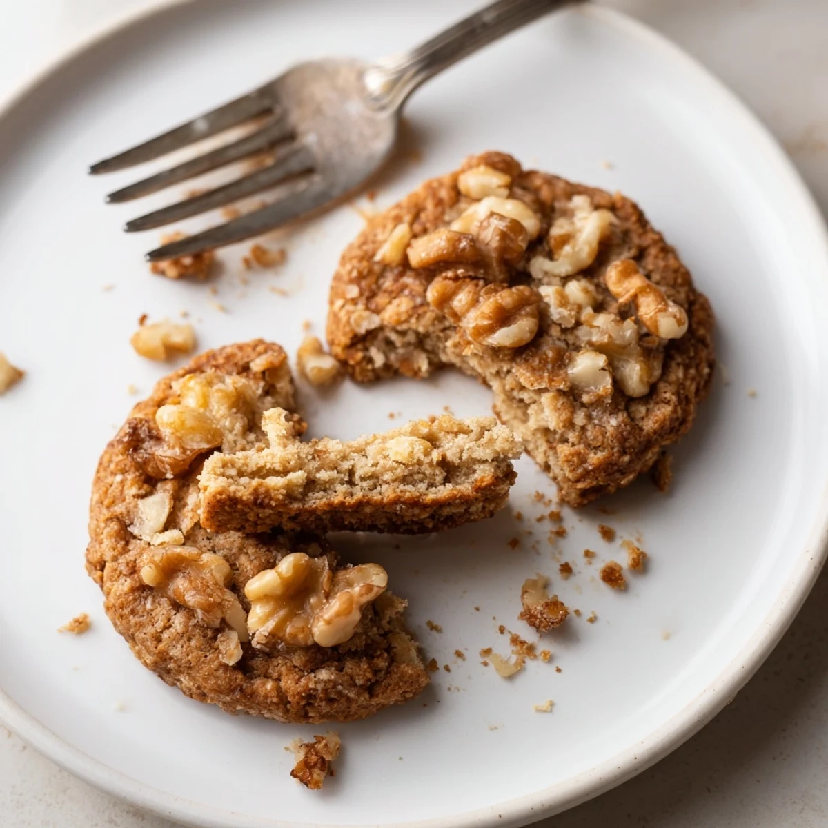 Crisp Keto Maple Walnut Crunch Cookies beside black coffee, toasted walnut pieces