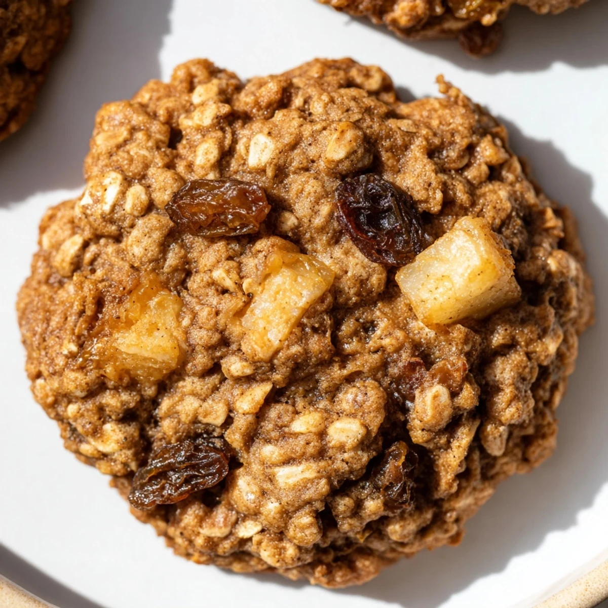 Warm stack of Apple Gingerbread Oatmeal Raisin Cookies with milk, chewy oats