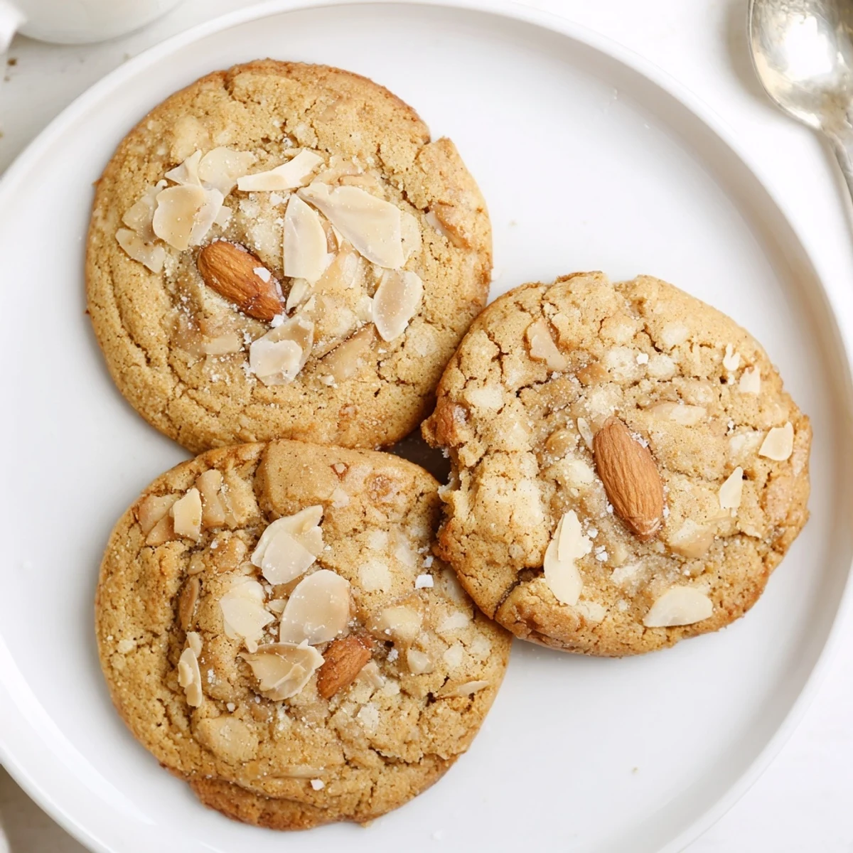 Plate of Keto Vanilla Almond Butter Crunch Cookies with sliced almonds, crisp texture