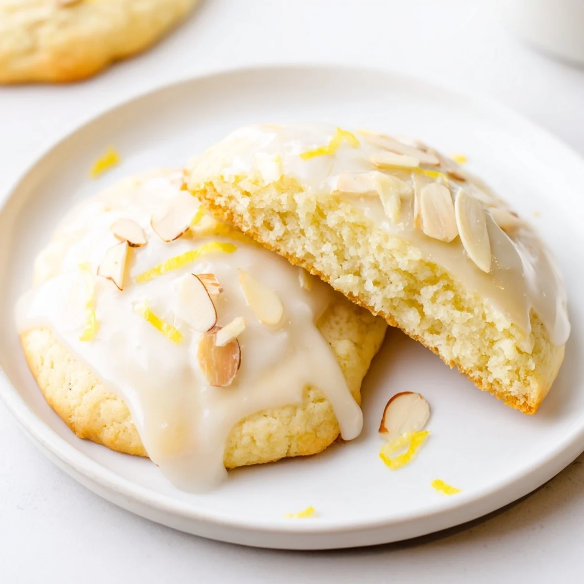 Warm lemon tea beside Gluten-Free Lemon Almond Glaze Cookies with soft centers  