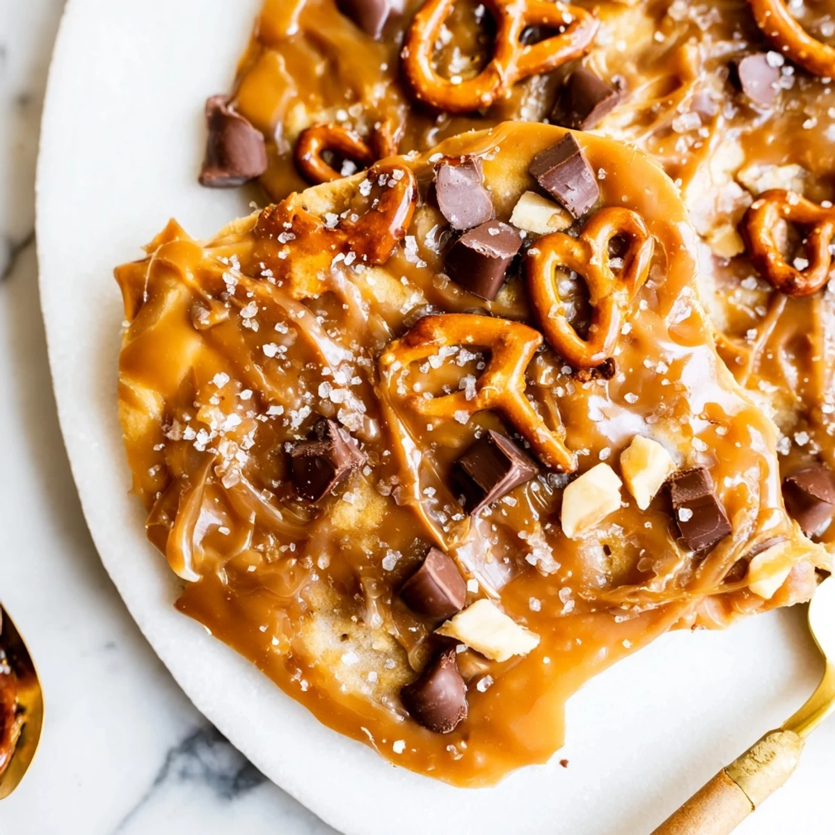 Tray of Brown Butter Caramel Honey Pretzel Chocolate Chip Cookies, salted tops glistening.