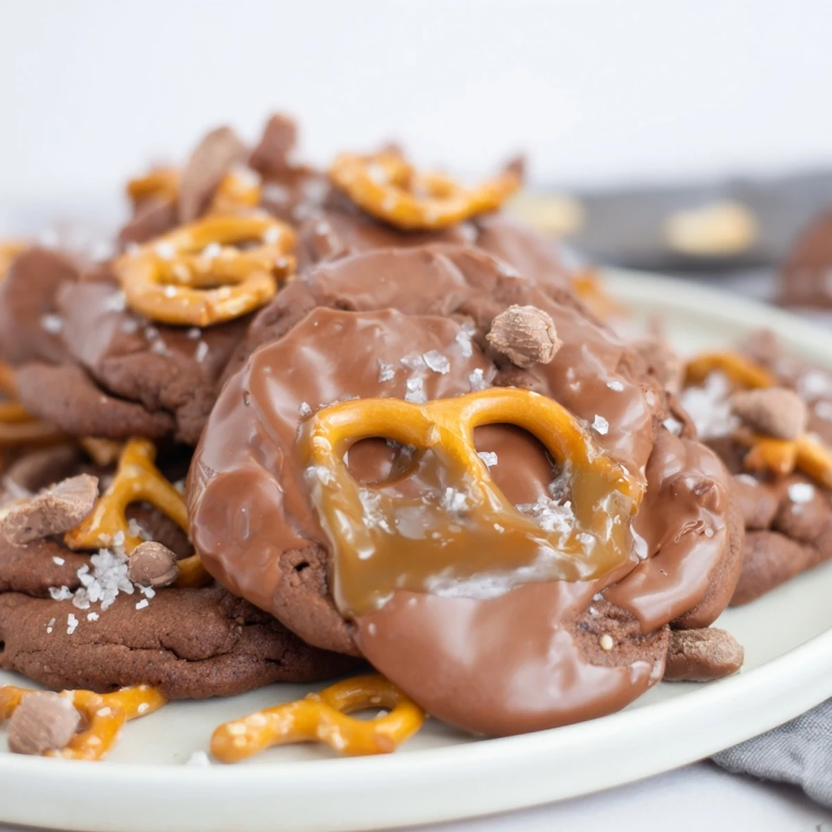 Brown Butter Caramel Honey Pretzel Chocolate Chip Cookies cooling on wire rack, melty caramel.