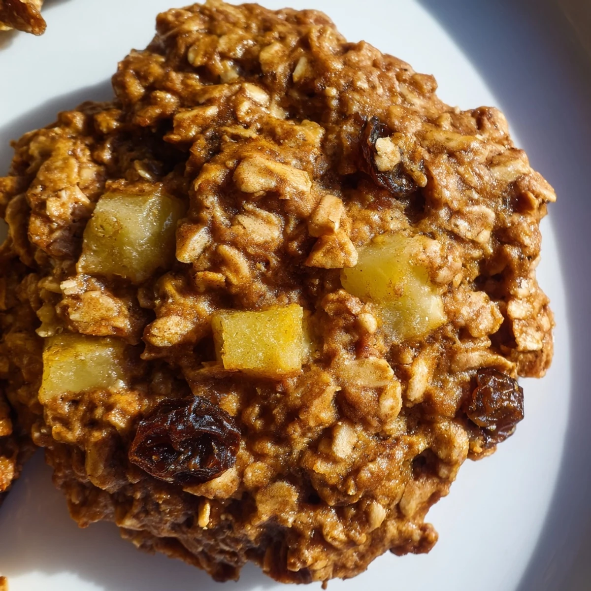 Soft golden apple spice oatmeal raisin cookies on a white wire cooling rack