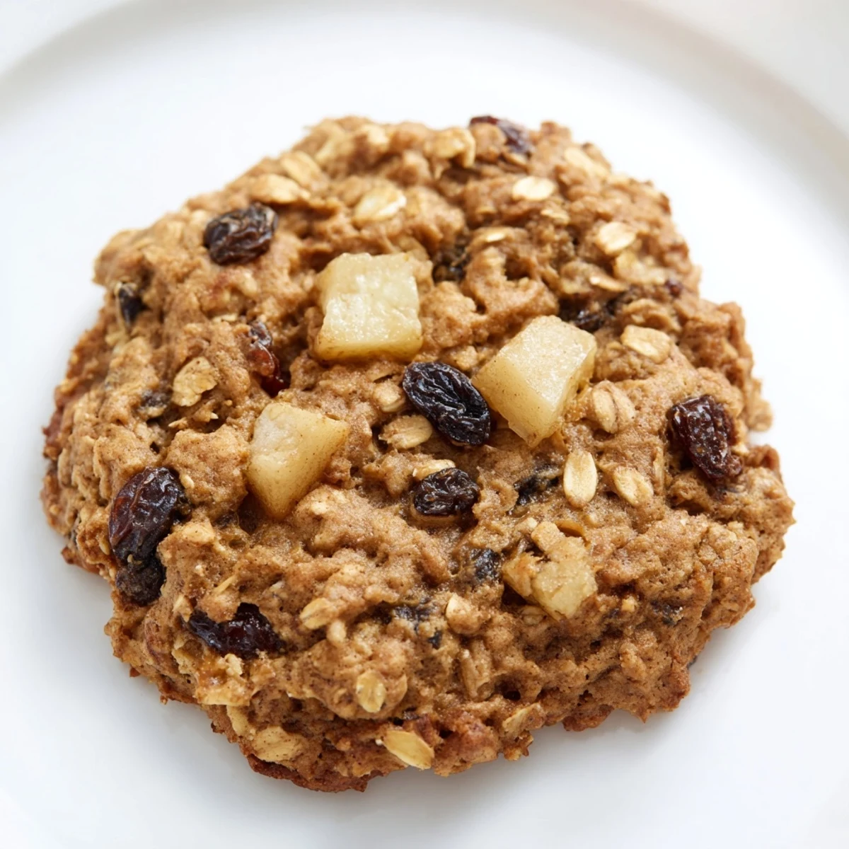 Warm apple spice oatmeal raisin cookies stacked on a wooden cutting board for serving