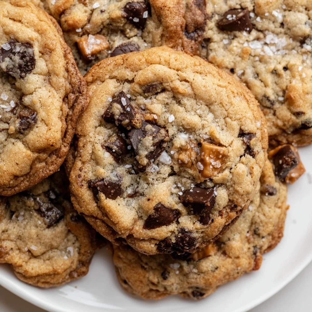 Golden brown butter salted honey toffee chocolate chip cookies with melty chocolate chunks and flaky sea salt on top