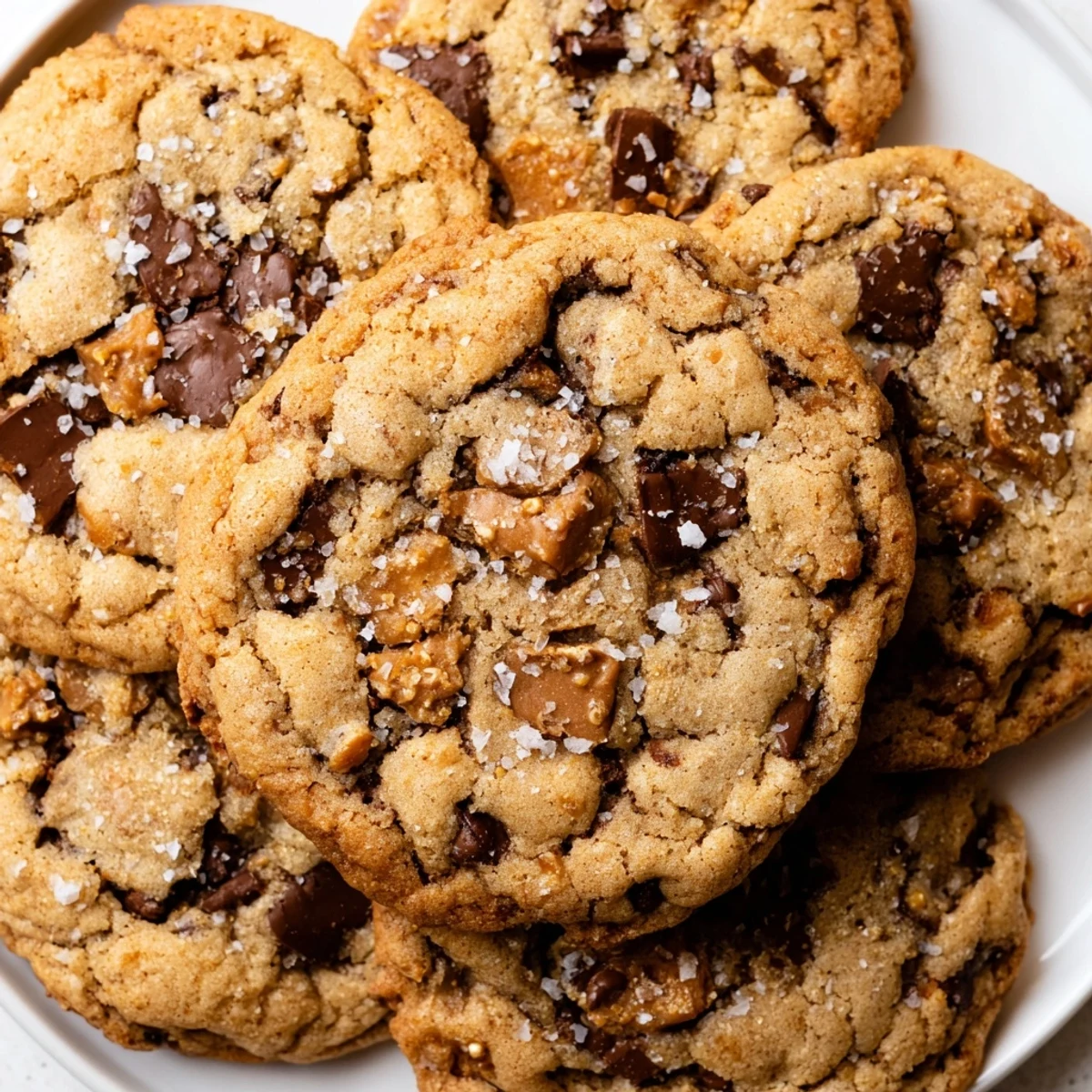 Chewy homemade salted honey toffee chocolate chip cookies fresh from the oven with golden edges and gooey centers