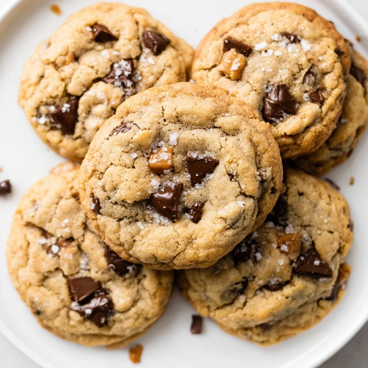 Stack of warm brown butter salted honey toffee chocolate chip cookies with crunchy toffee bits and chocolate pockets visible