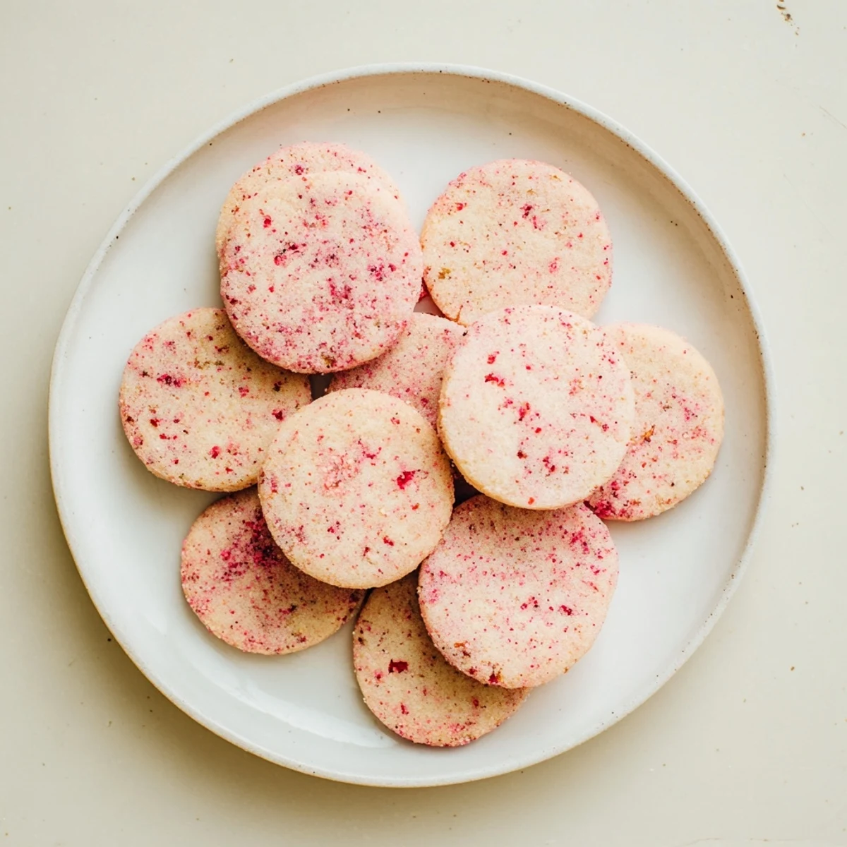 Golden vegan vanilla hibiscus sugar cookies sprinkled with pink floral sugar on a white plate
