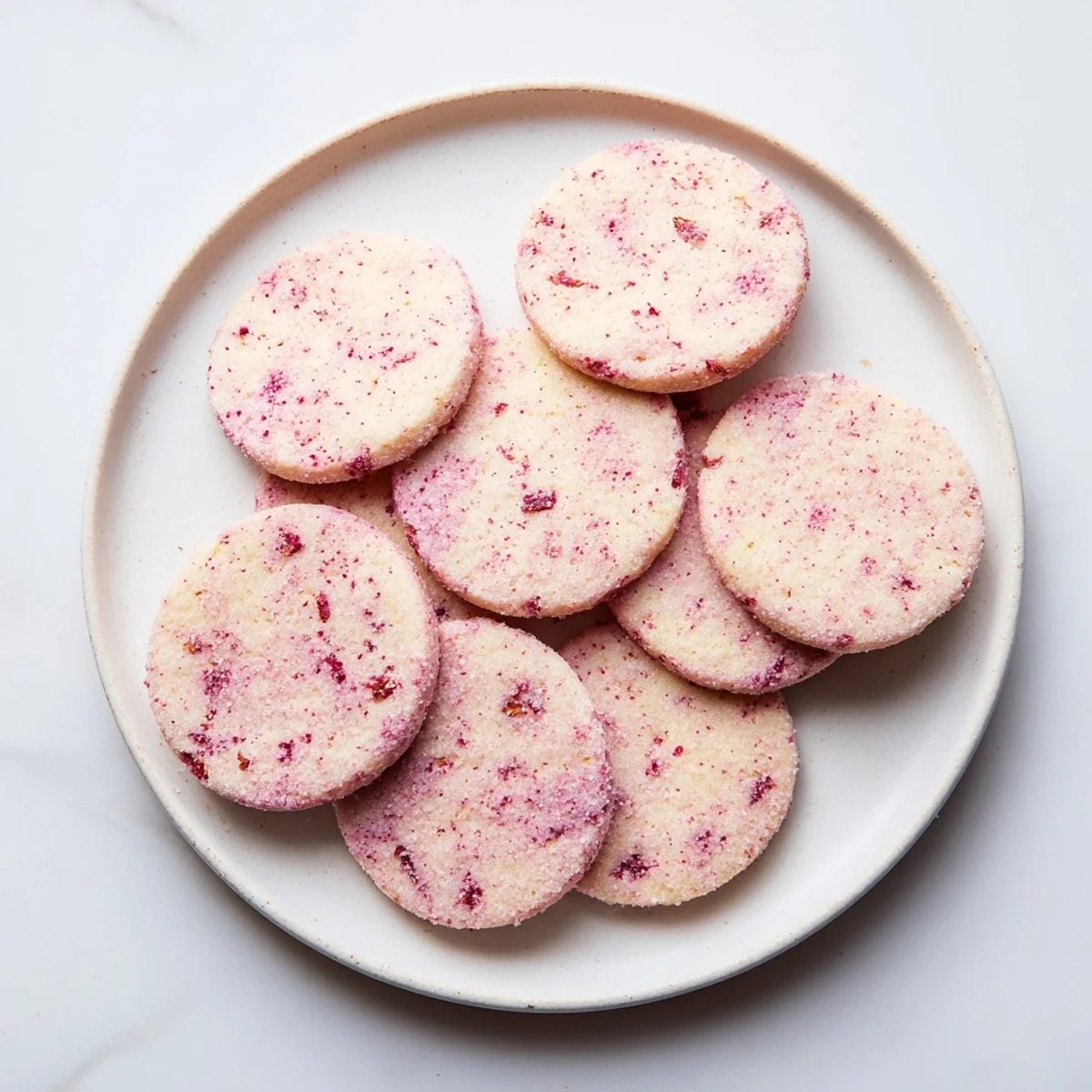 Soft pink-flecked vegan vanilla hibiscus sugar cookies cooling on a wire rack