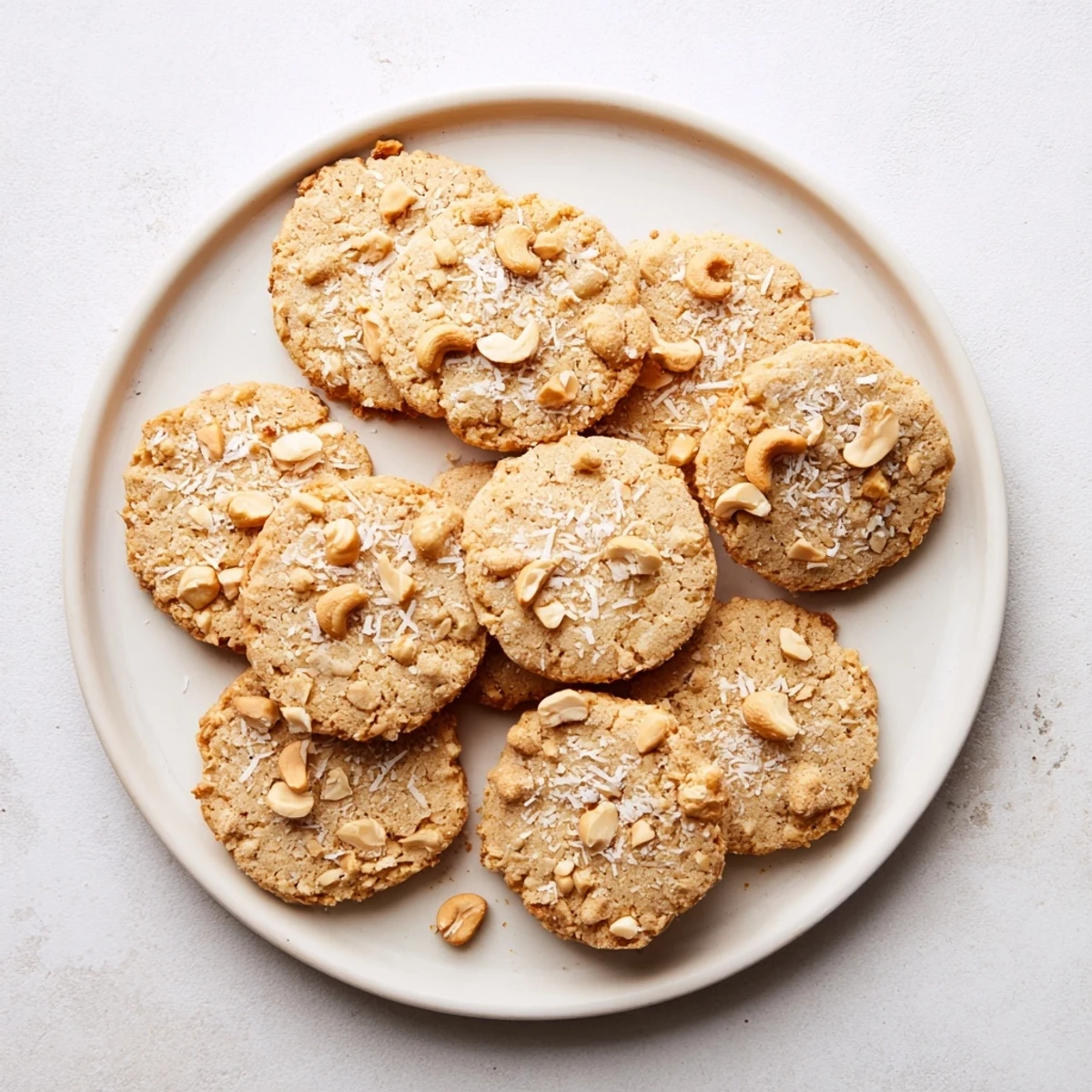 Golden keto vanilla cashew butter crunch cookies topped with chopped roasted nuts on a white plate