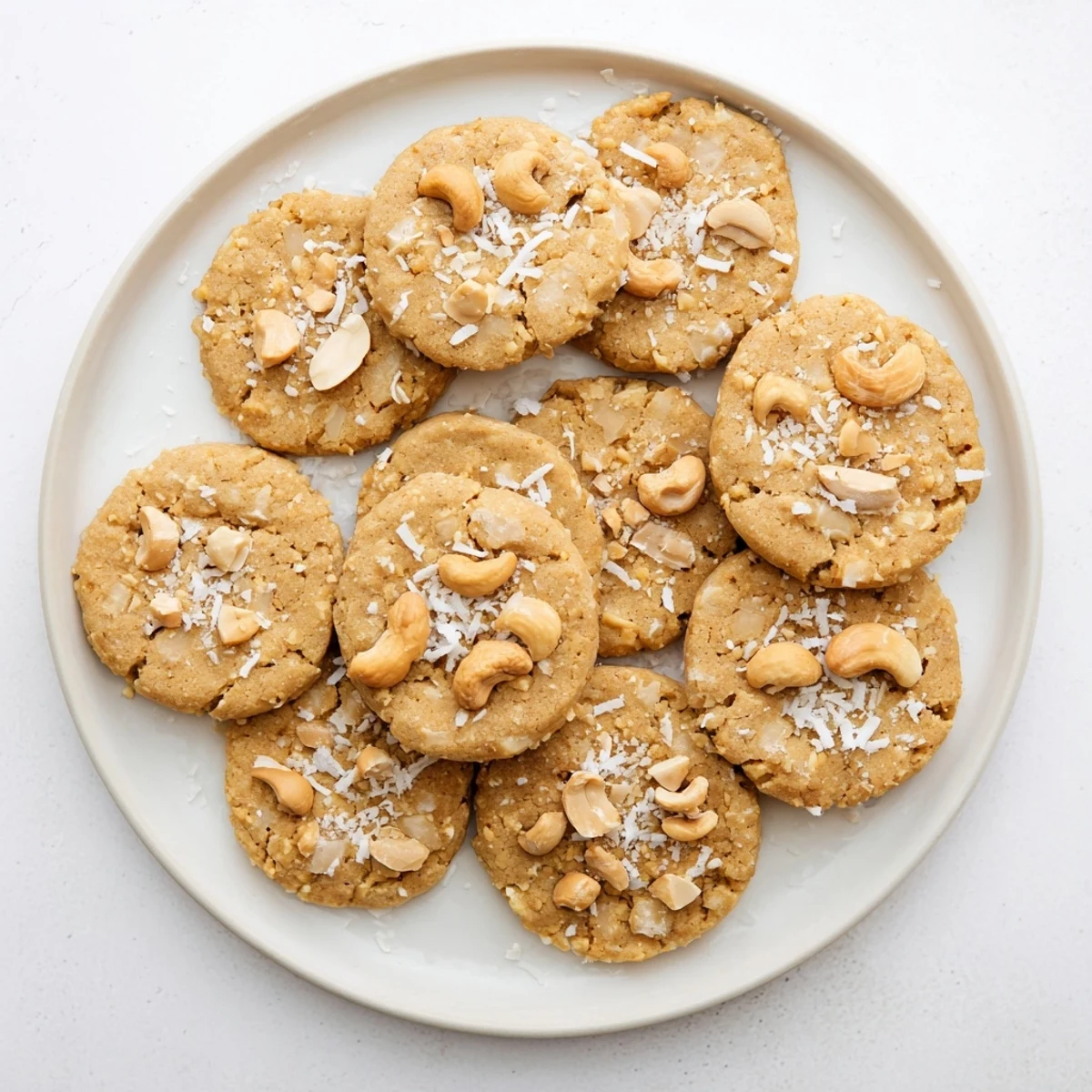 Stack of gluten-free keto vanilla cashew butter crunch cookies dusted with shredded coconut garnish