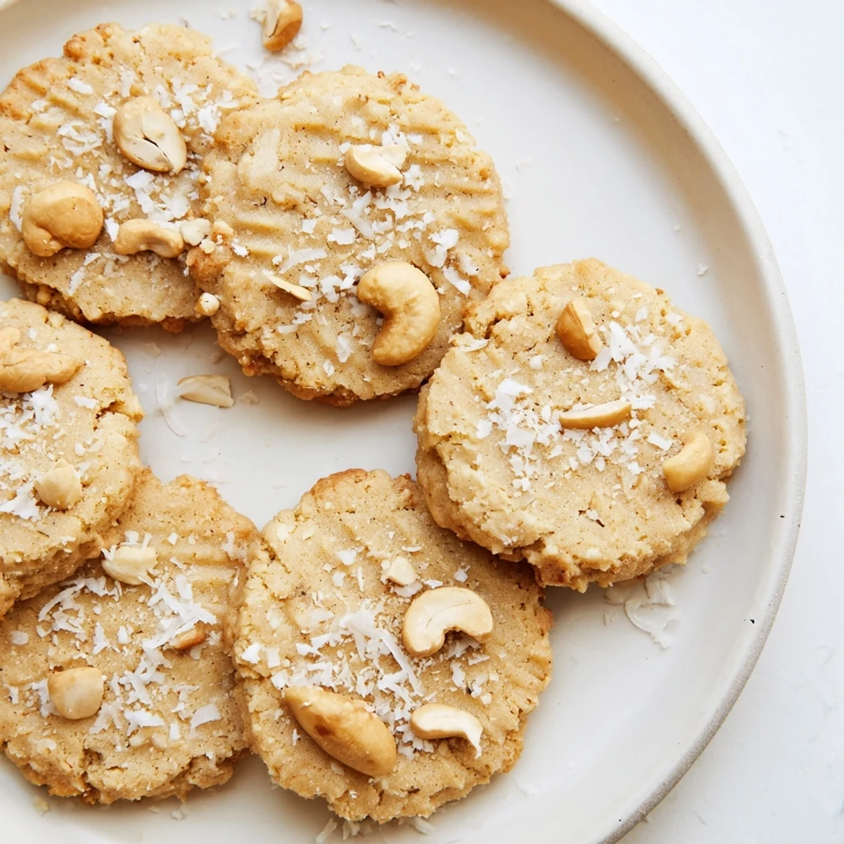 Close-up of crisp low-carb vanilla cashew butter cookies with creamy texture and visible cashew pieces