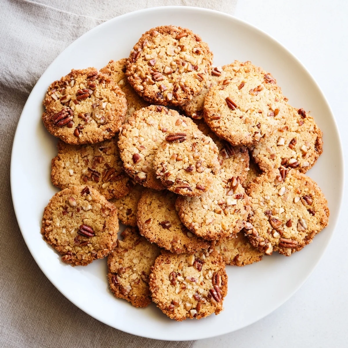 Stack of low-carb keto maple pecan crunch cookies showcasing their crunchy texture and buttery maple sweetness