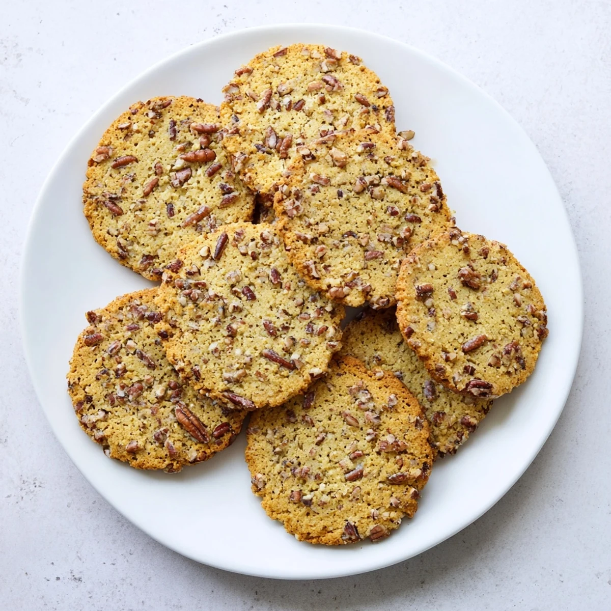 Golden brown keto maple pecan crunch cookies with chopped pecans and crisp edges on a baking sheet