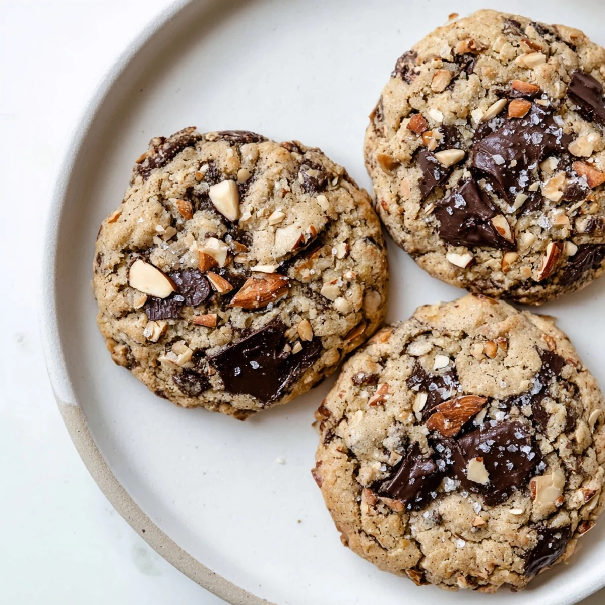 Golden gluten-free dark chocolate almond crunch cookies with melted chocolate chunks and roasted nut pieces