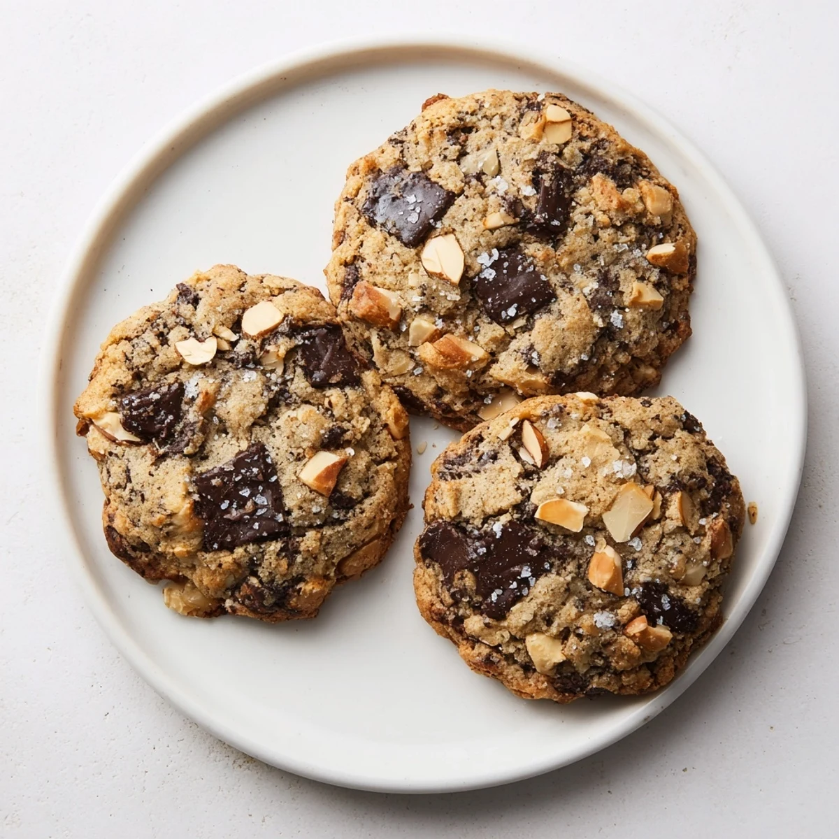 Freshly baked gluten-free dark chocolate almond crunch cookies cooling on wire rack with chewy centers
