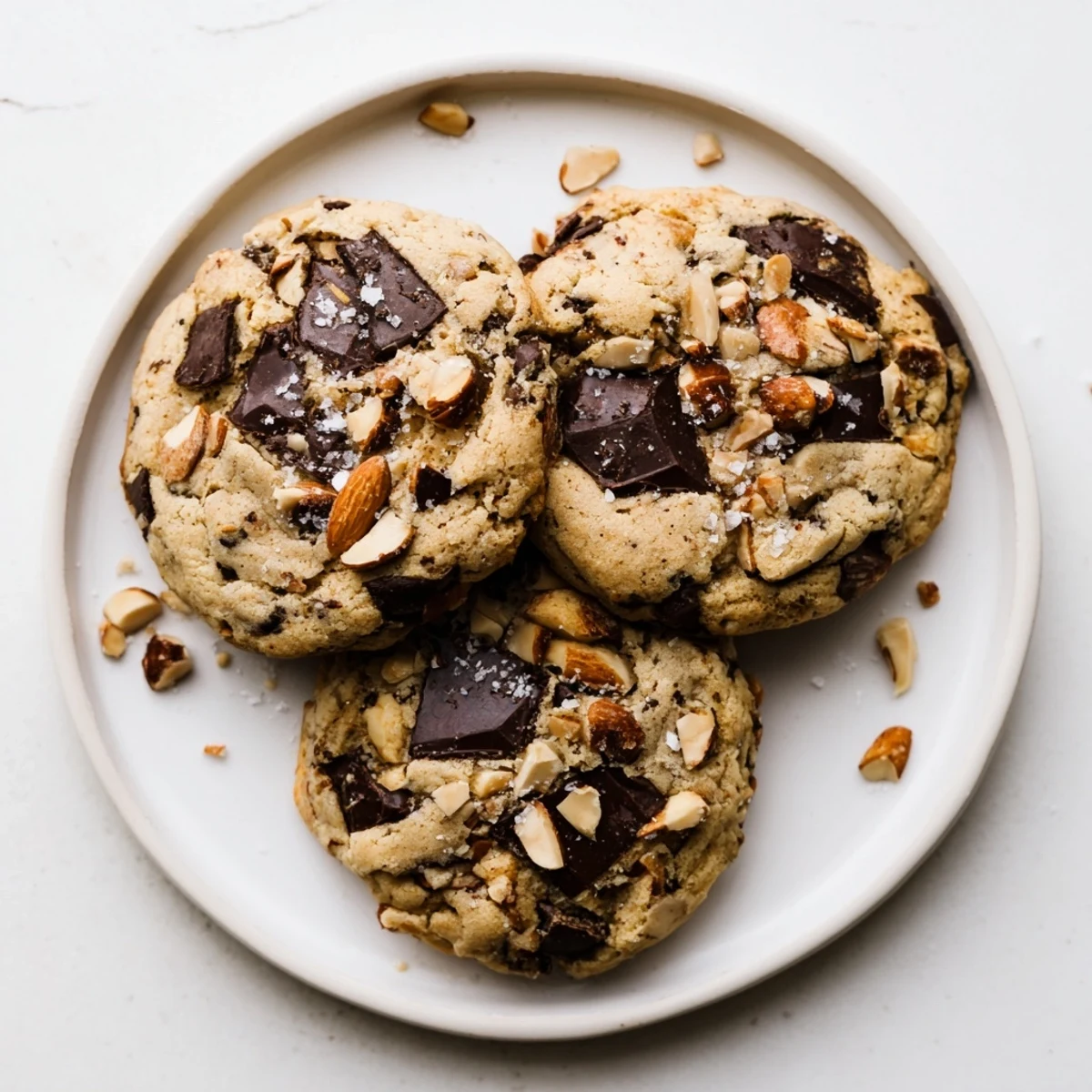 Crispy gluten-free dark chocolate almond crunch cookies stacked on wooden board with visible almond pieces