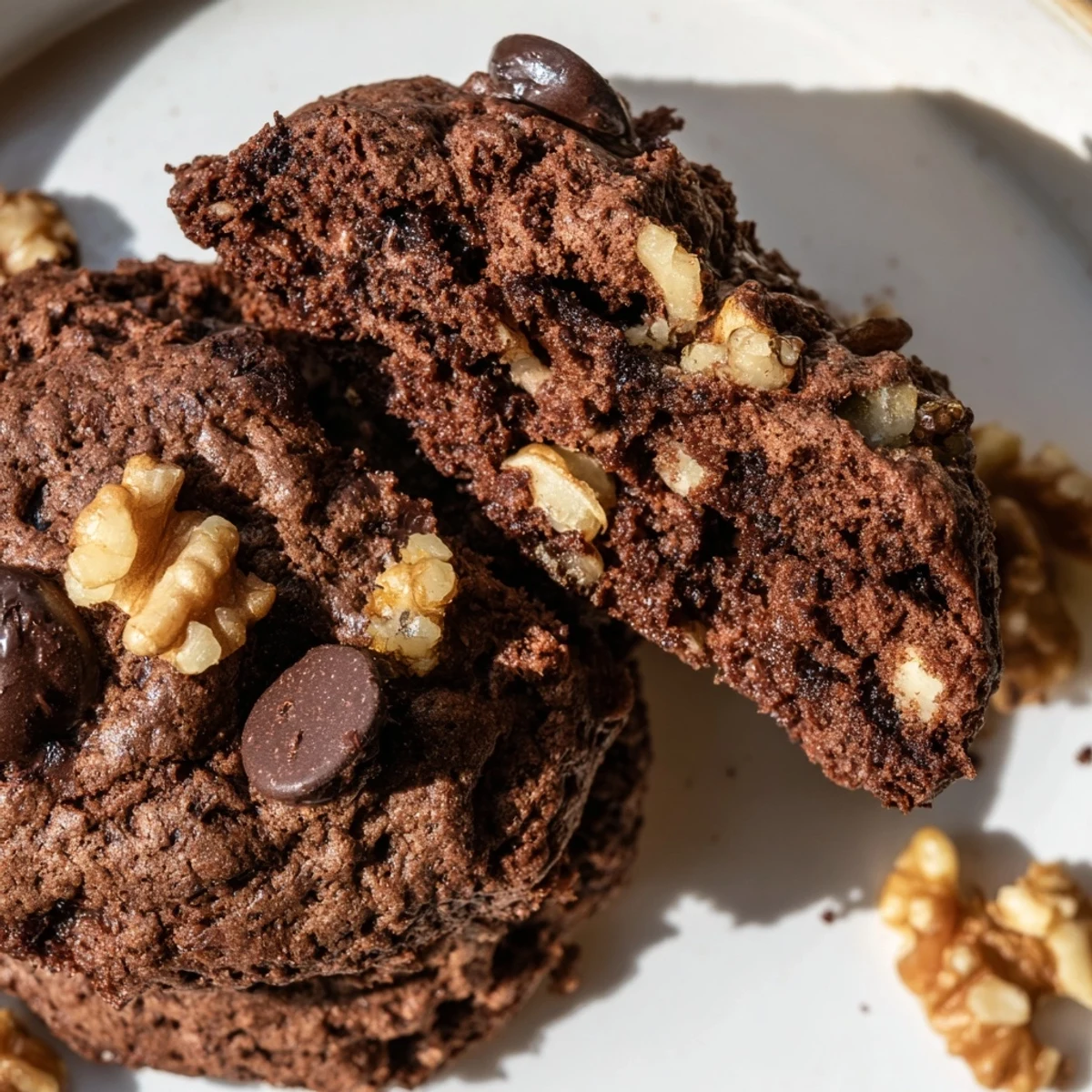 Stack of warm gluten-free espresso chocolate walnut cookies showing soft centers with coffee aroma and visible chocolate chunks