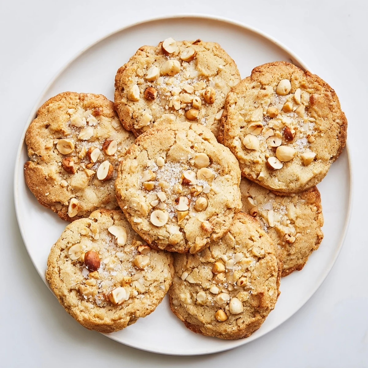 Golden brown keto maple hazelnut crunch cookies with roasted nuts scattered on top