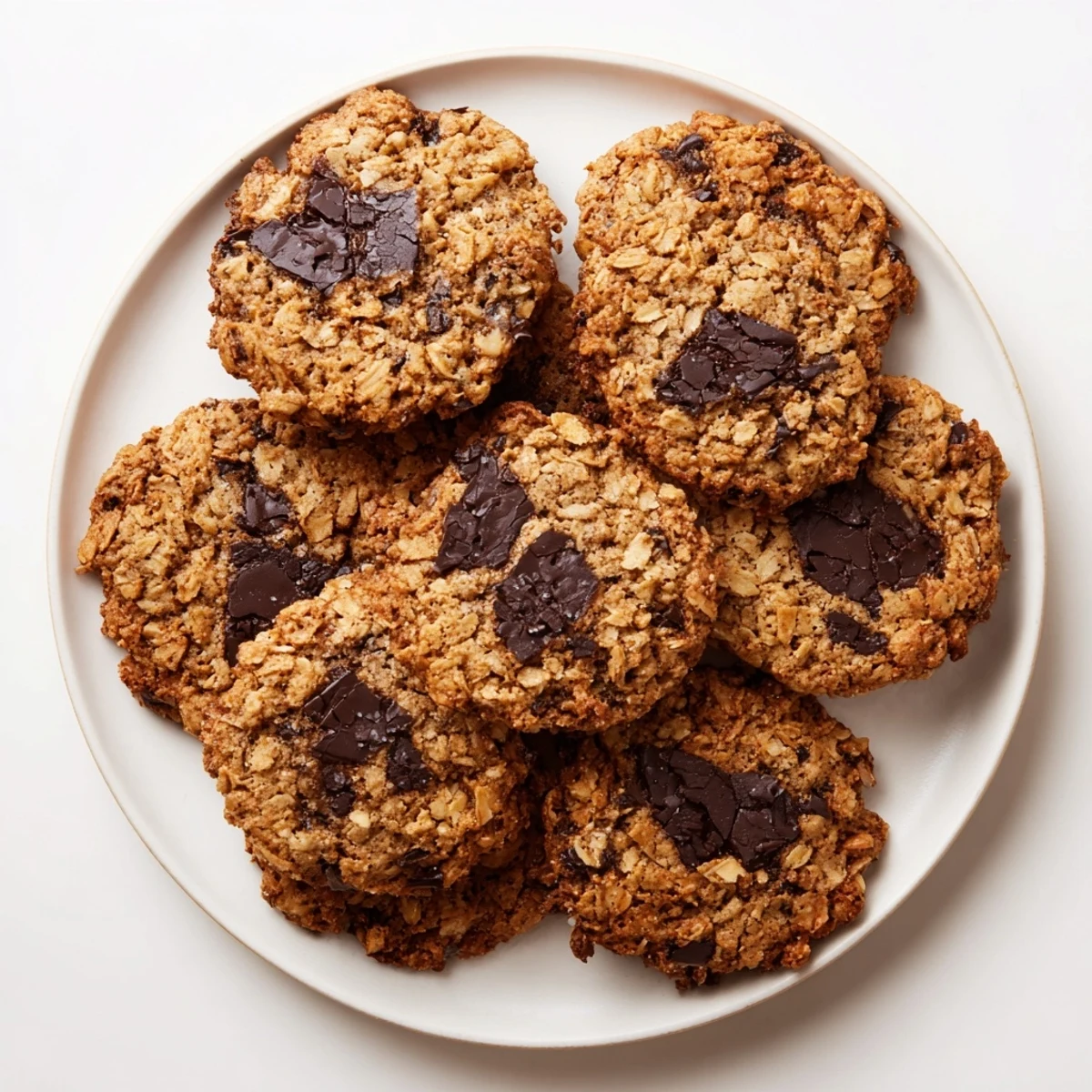 Stack of freshly baked gluten-free dark chocolate coconut crisp cookies showing crisp edges and coconut texture