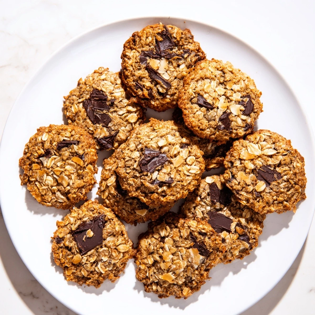 Golden gluten-free dark chocolate coconut crisp cookies scattered on a wooden board with melty chocolate chips visible