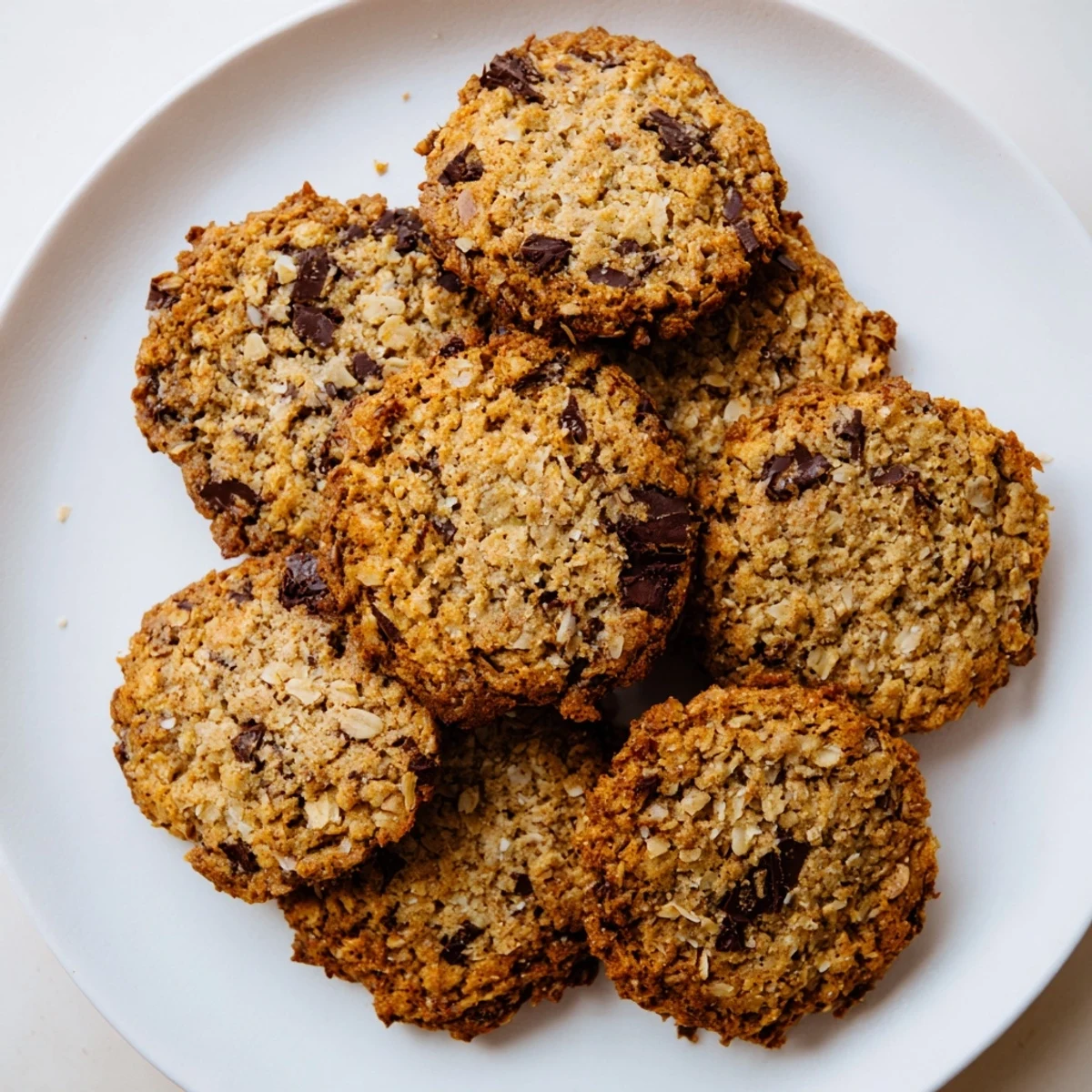 Warm gluten-free dark chocolate coconut crisp cookies cooling on wire rack with shredded coconut and dark chocolate chunks