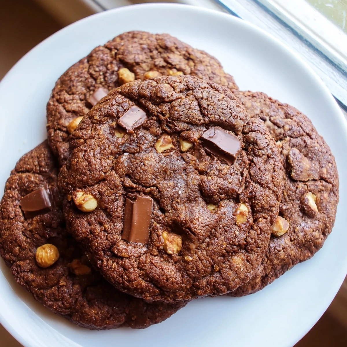 Chewy gluten-free espresso chocolate hazelnut cookies stacked on a white marble cooling rack
