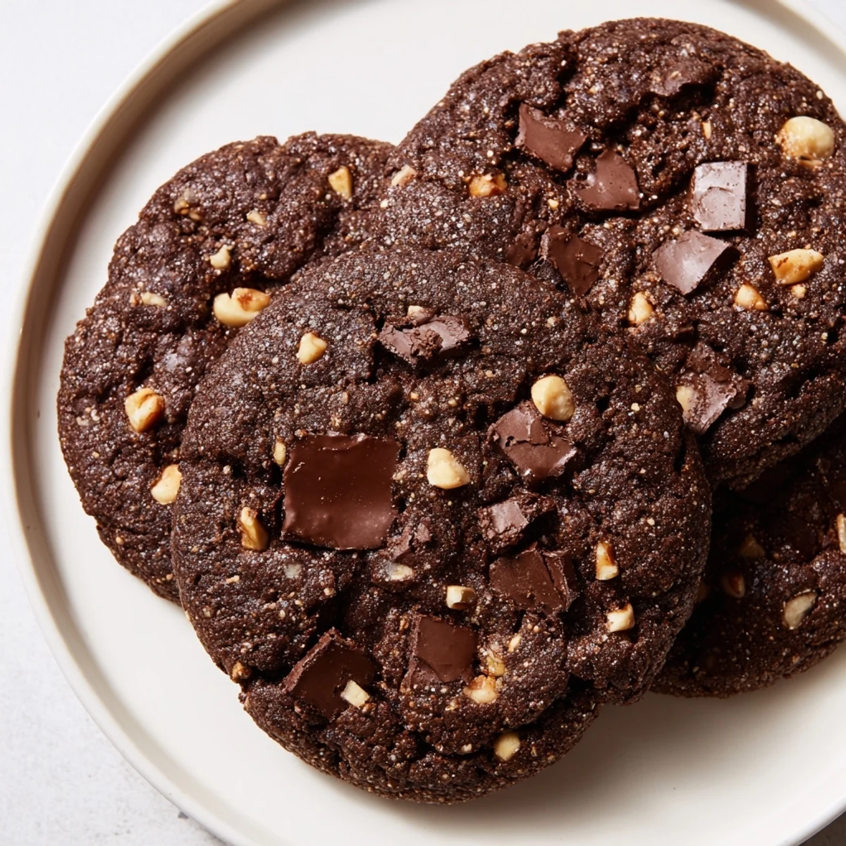 Rich dark gluten-free espresso chocolate hazelnut cookies with melted chocolate chunks and chopped nuts