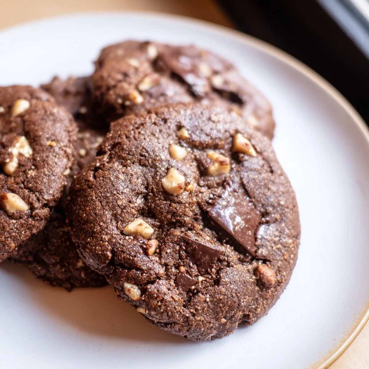 Close-up of soft-baked gluten-free espresso chocolate hazelnut cookies featuring glossy chocolate and toasted hazelnuts