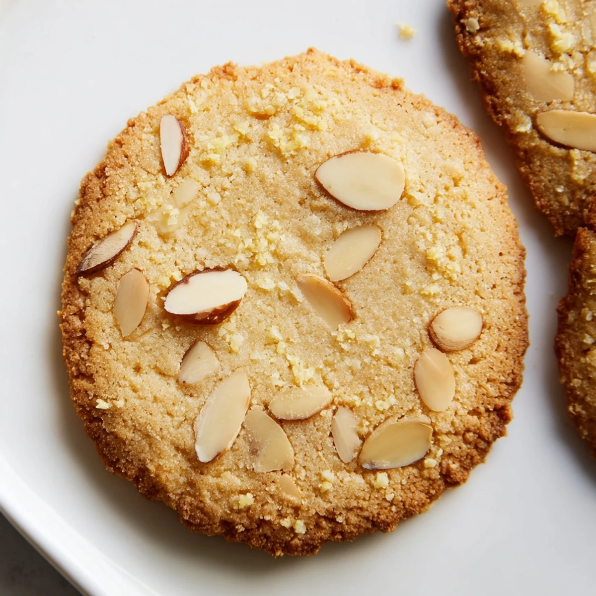 Golden gluten-free lemon almond crisp cookies topped with sliced almonds on a white baking sheet