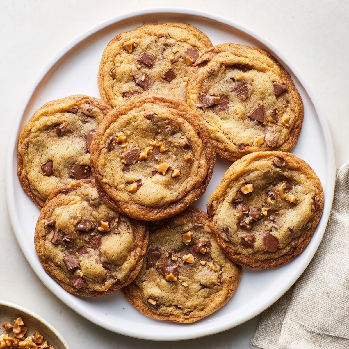 Freshly baked brown butter caramel honey toffee chocolate chip cookies with golden edges and melted chocolate chunks on a white plate