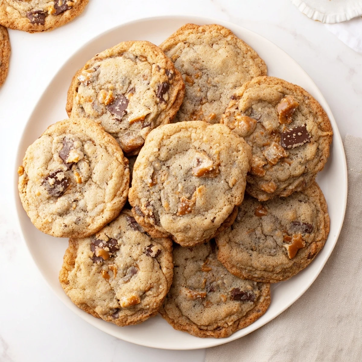 Chewy homemade brown butter caramel honey toffee chocolate chip cookies stacked on a wooden board with gooey caramel visible
