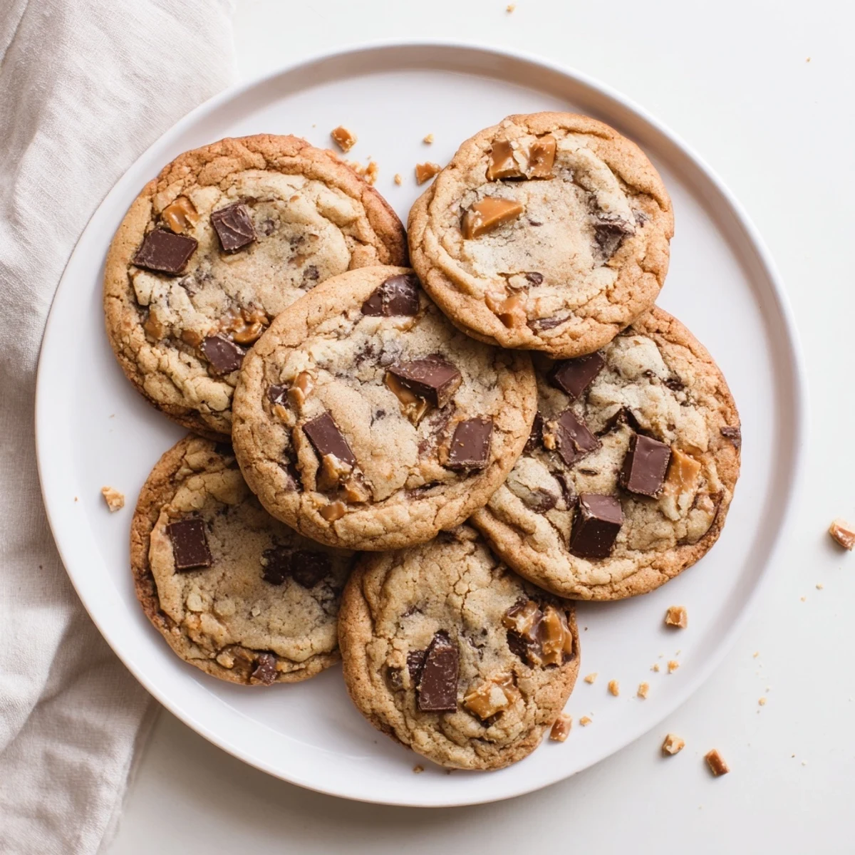 Warm brown butter caramel honey toffee chocolate chip cookies cooling on a wire rack with rich chocolate chips and toffee bits
