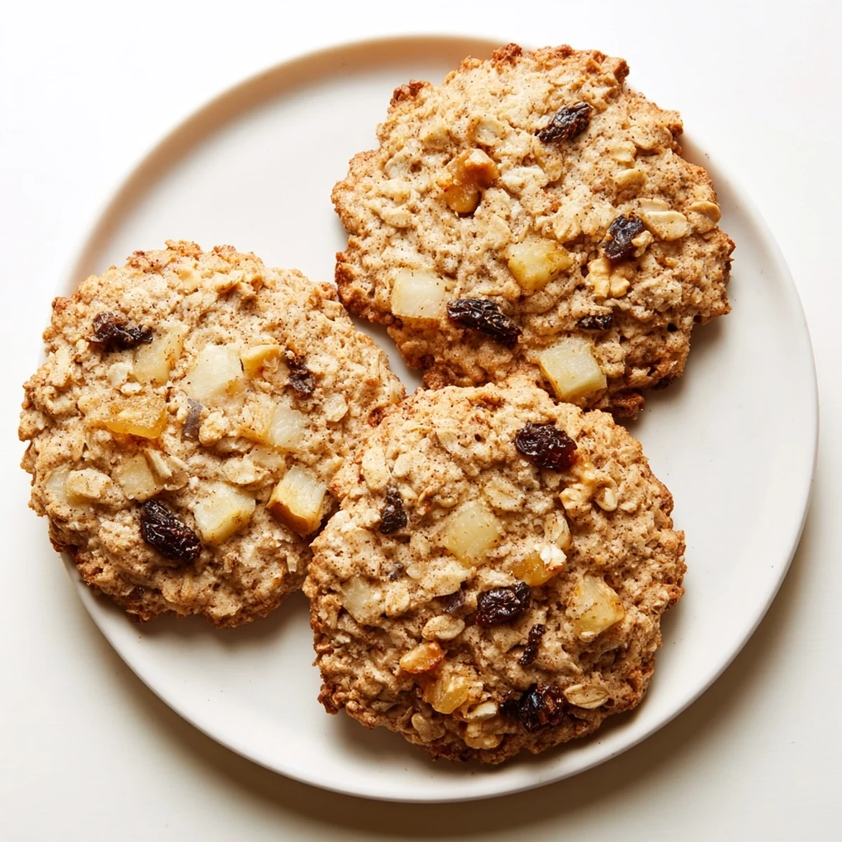 Soft chewy apple raisin spice oatmeal cookies with golden edges and visible fruit chunks