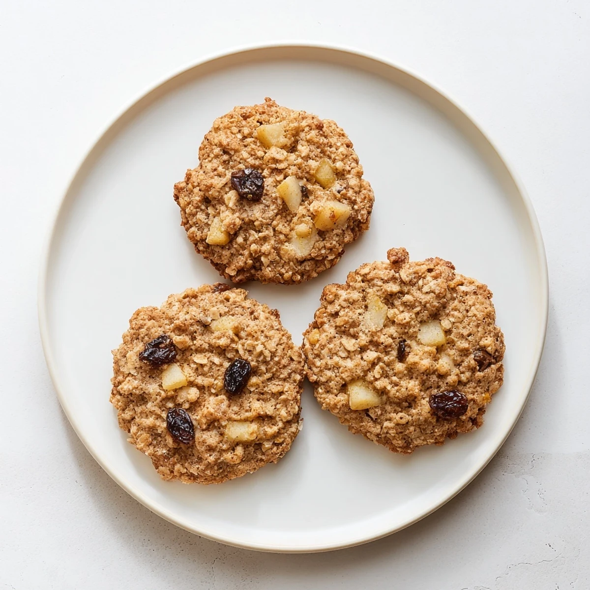 Homemade oatmeal cookies loaded with diced apples and plump raisins on a wooden board