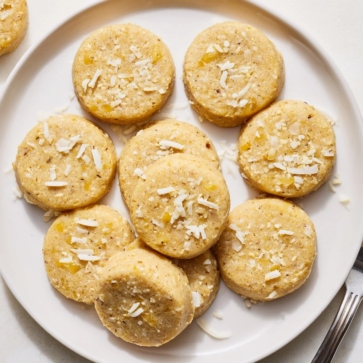 Golden brown vegan pineapple date sugar cookies with chewy dried pineapple pieces and shredded coconut topping on a white plate