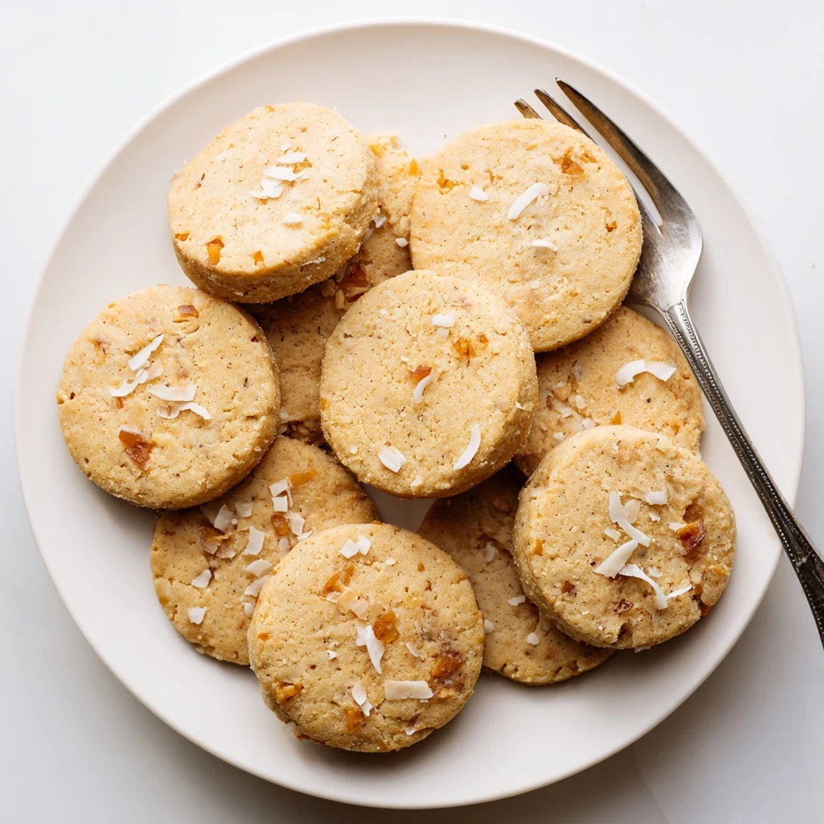 Stack of tropical vegan pineapple date sugar cookies featuring sweet pineapple chunks and white coconut flakes on a rustic wooden surface