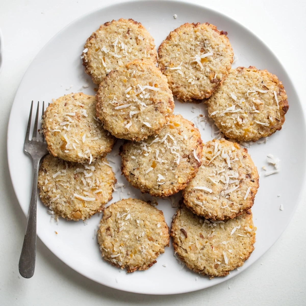 Close-up shot of freshly baked vegan pineapple date sugar cookies showing crisp golden edges and soft centers