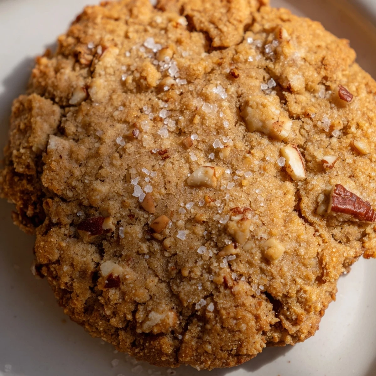 Golden keto vanilla pecan butter crunch cookies stacked on a white plate, showcasing toasted pecan pieces and crispy edges