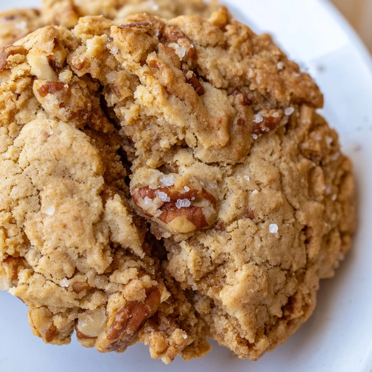 Close-up of keto vanilla pecan butter crunch cookies on a wooden board, highlighting buttery texture and scattered toasted pecans