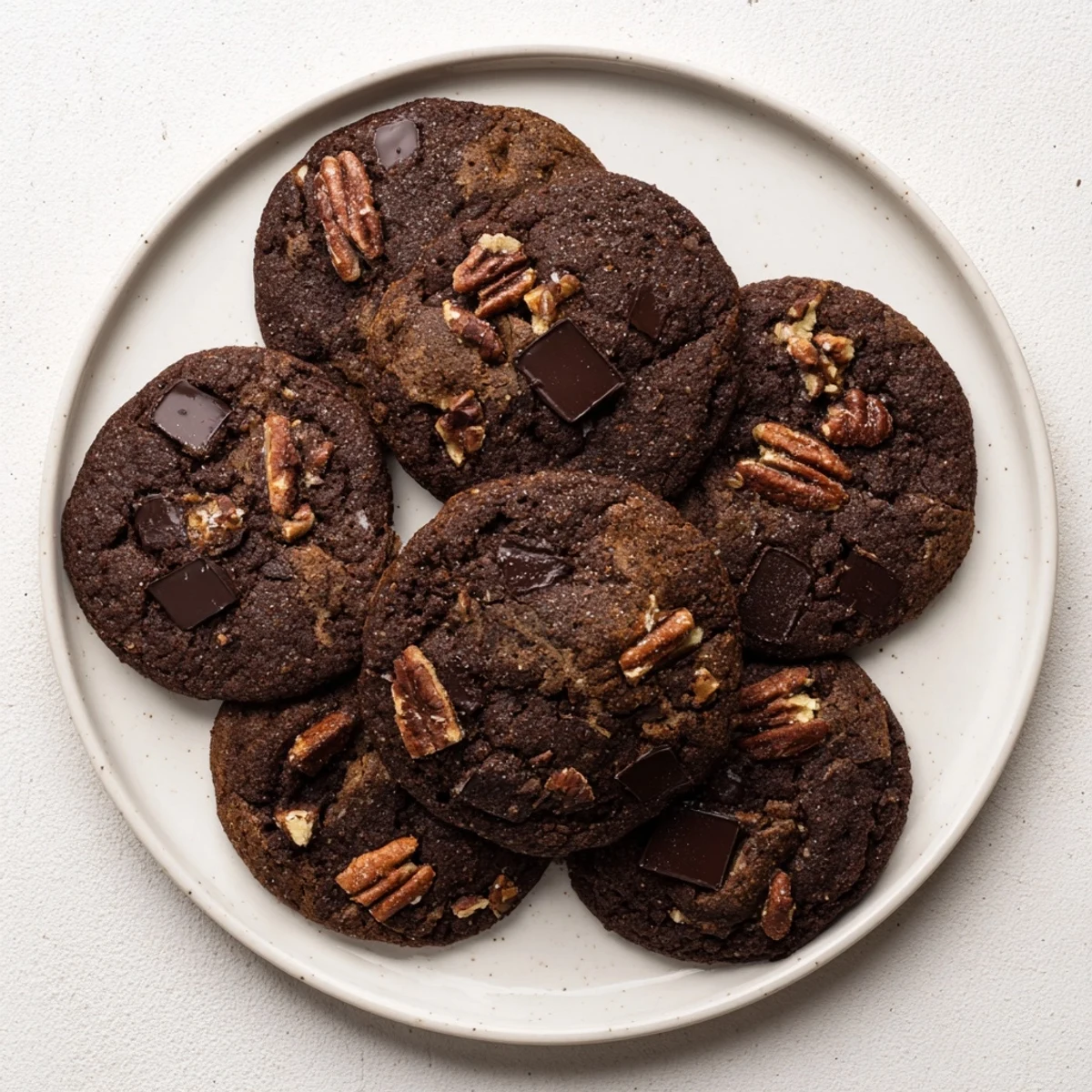 Chewy gluten-free espresso chocolate pecan cookies stacked on a wooden cutting board, showing melted dark chocolate chunks and toasted pecan pieces
