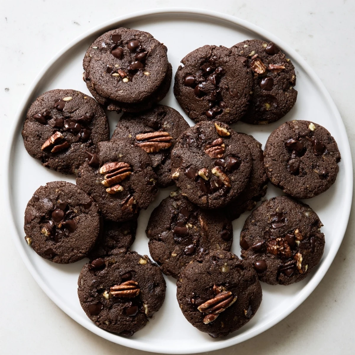 Freshly baked gluten-free espresso chocolate pecan cookies cooling on a wire rack, with rich chocolate chips and chopped pecans visible throughout